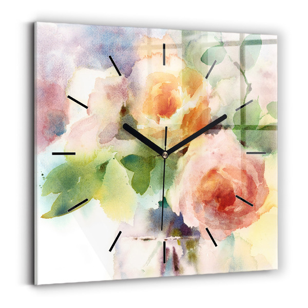 Square glass wall clock Roses in a Vase Watercolor