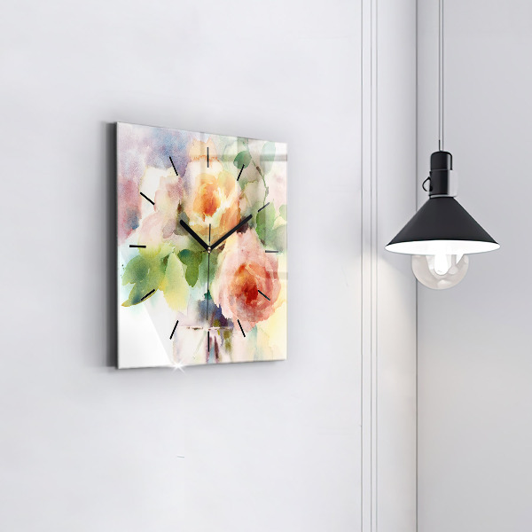 Square glass wall clock Roses in a Vase Watercolor