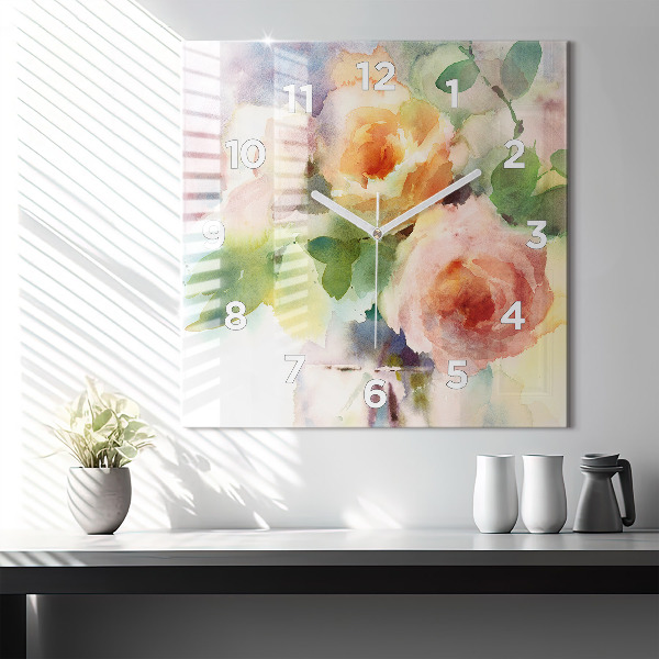 Square glass wall clock Roses in a Vase Watercolor