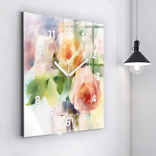 Square glass wall clock Roses in a Vase Watercolor