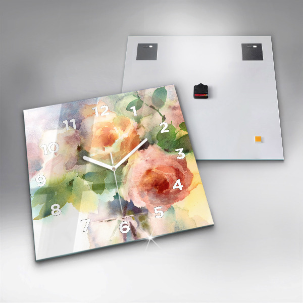 Square glass wall clock Roses in a Vase Watercolor