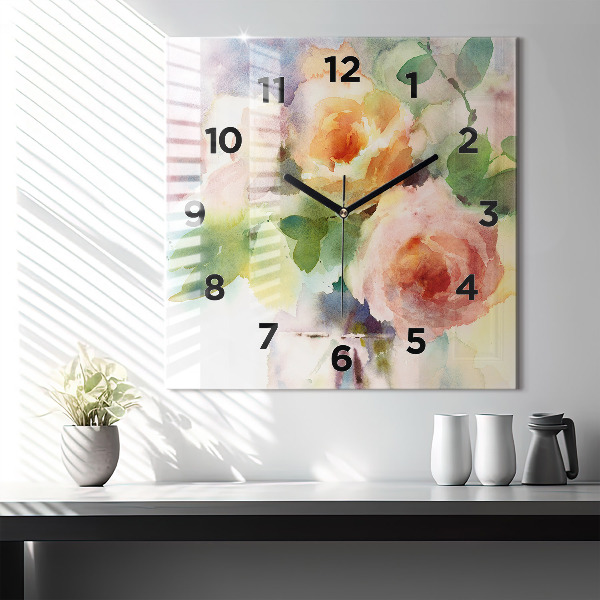 Square glass wall clock Roses in a Vase Watercolor