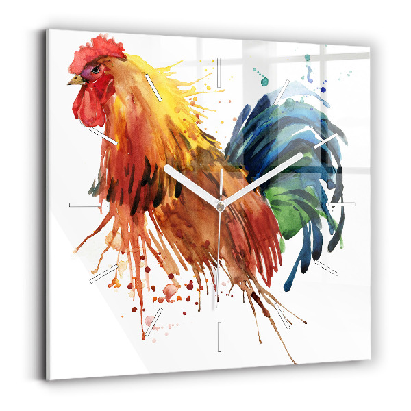Square glass wall clock Colorful rooster