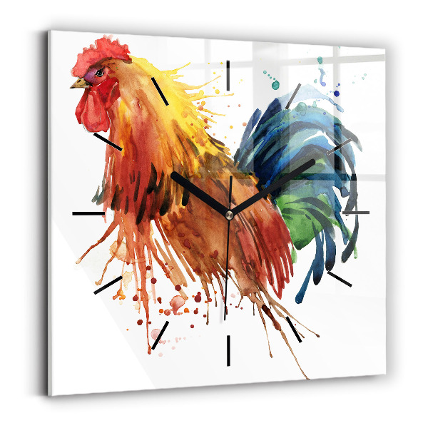 Square glass wall clock Colorful rooster