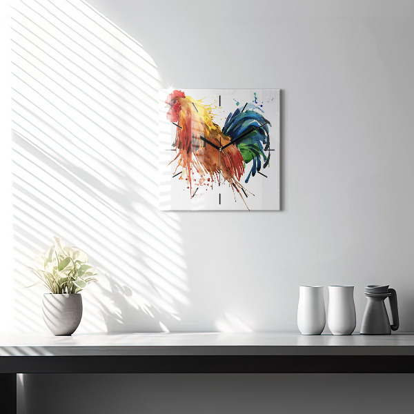 Square glass wall clock Colorful rooster