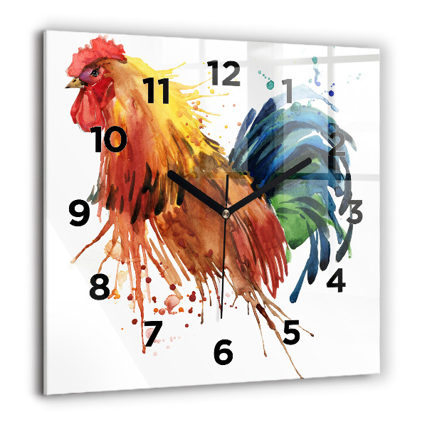 Square glass wall clock Colorful rooster