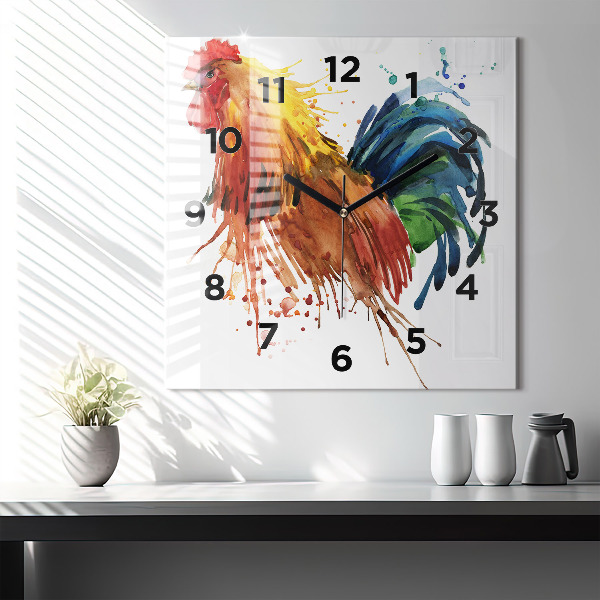 Square glass wall clock Colorful rooster