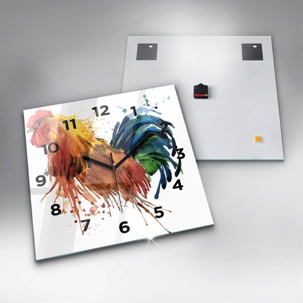 Square glass wall clock Colorful rooster