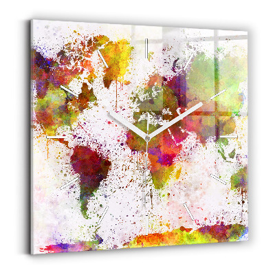 Square glass wall clock Watercolor map of the world