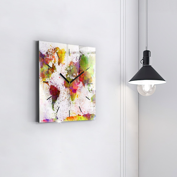 Square glass wall clock Watercolor map of the world