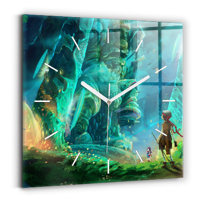 Square glass wall clock Children in the forest