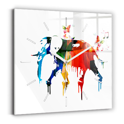 Square glass wall clock Colorful painted elephant