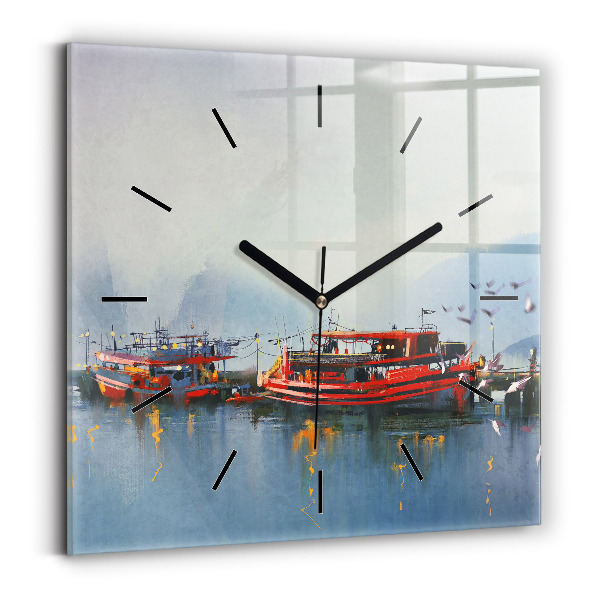 Square glass wall clock Fishing boat in port