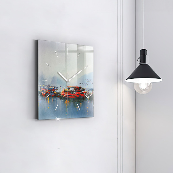 Square glass wall clock Fishing boat in port