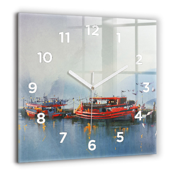 Square glass wall clock Fishing boat in port