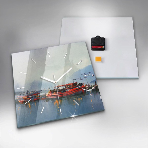 Square glass wall clock Fishing boat in port