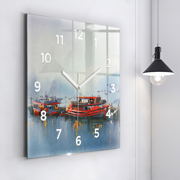 Square glass wall clock Fishing boat in port