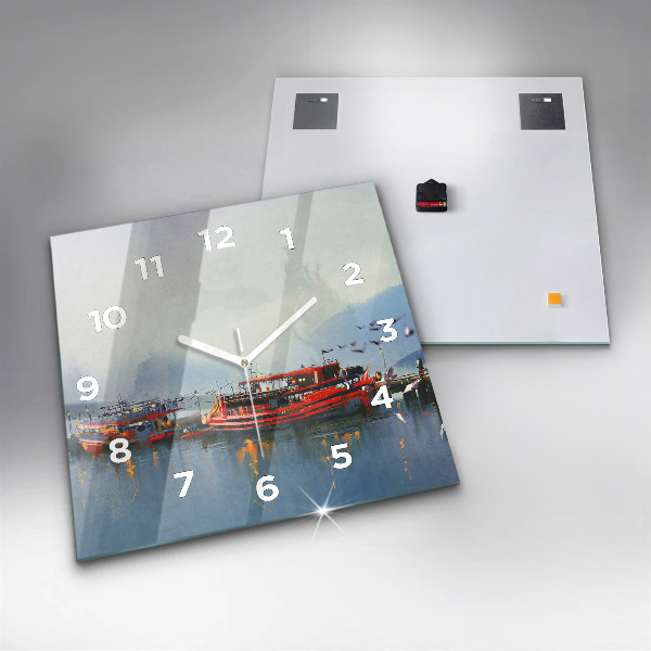 Square glass wall clock Fishing boat in port