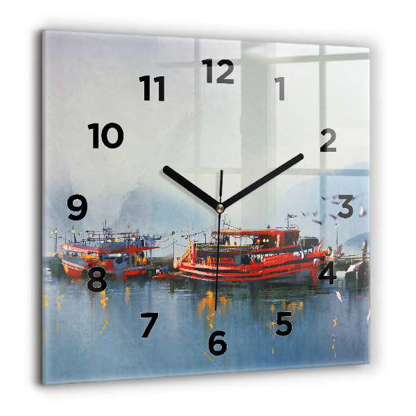 Square glass wall clock Fishing boat in port