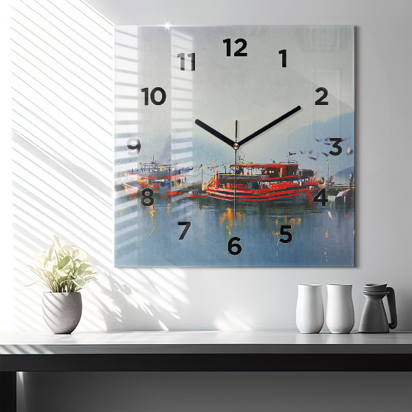Square glass wall clock Fishing boat in port