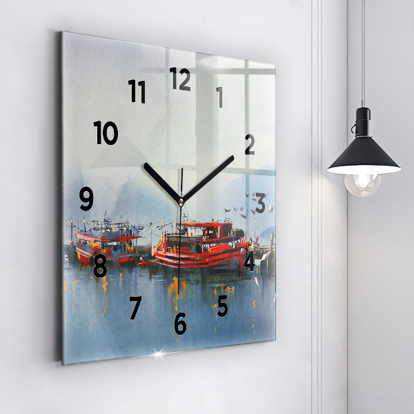 Square glass wall clock Fishing boat in port