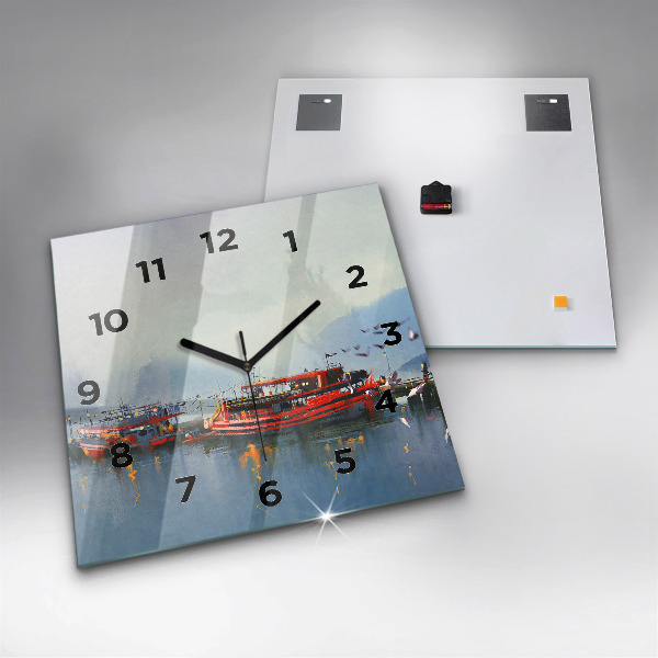 Square glass wall clock Fishing boat in port