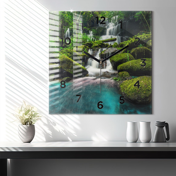 Square glass wall clock Waterfall Thailand