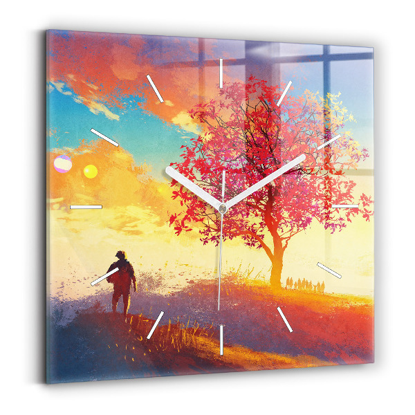 Square glass wall clock Autumn Landscape