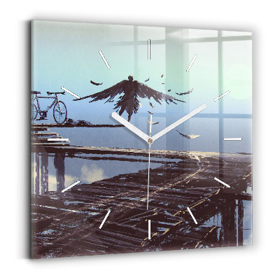 Square glass wall clock Angel, Bridge and Bicycle