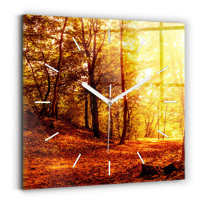 Square glass wall clock Forest landscape in the sun