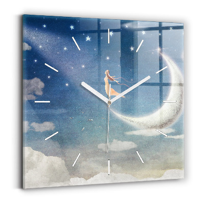 Square glass wall clock Girl on the moon