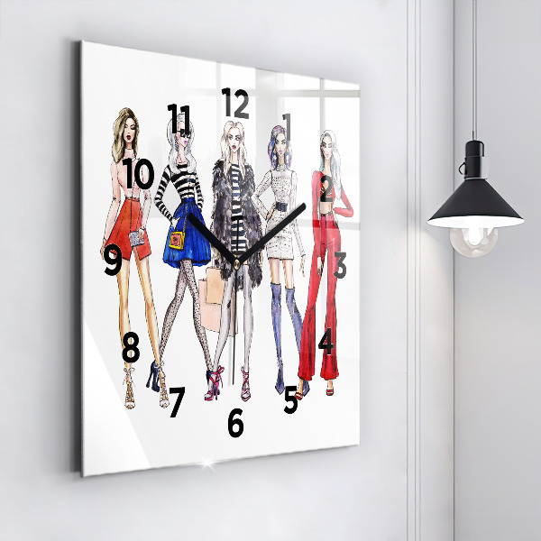 Square glass wall clock Fashionable girls