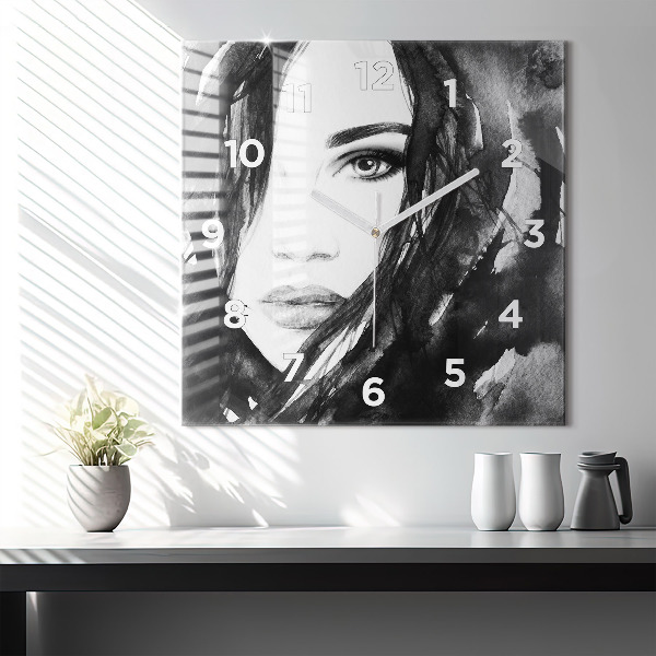 Square glass wall clock Portrait of a woman