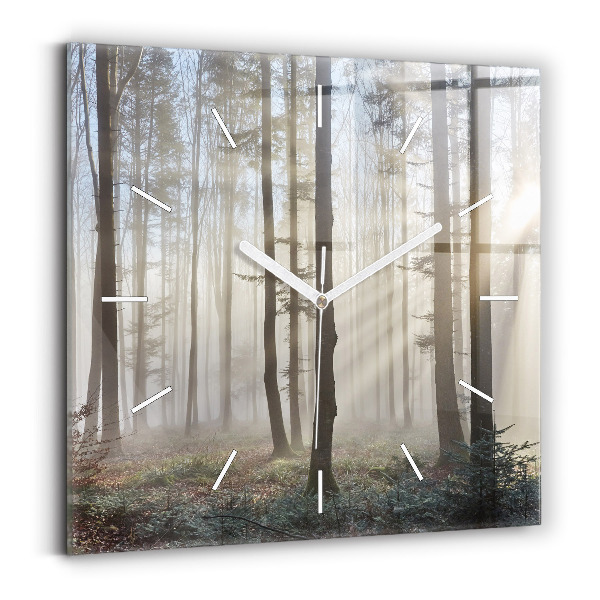 Square glass wall clock Forest in the fog