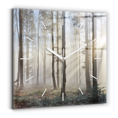 Square glass wall clock Forest in the fog
