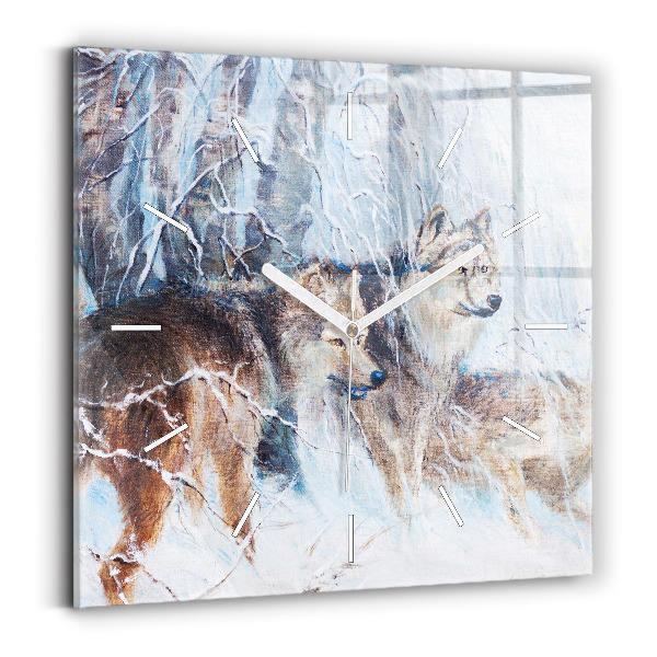 Square glass wall clock Wolves in the forest