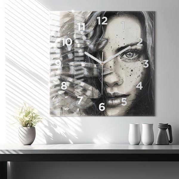 Square glass wall clock Painted portrait