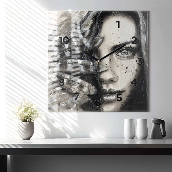 Square glass wall clock Painted portrait