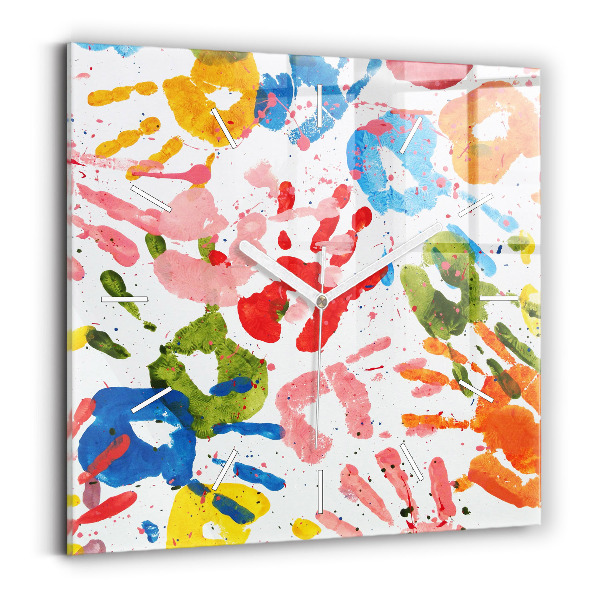 Square glass wall clock Children's handprints