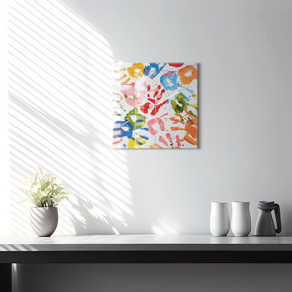 Square glass wall clock Children's handprints