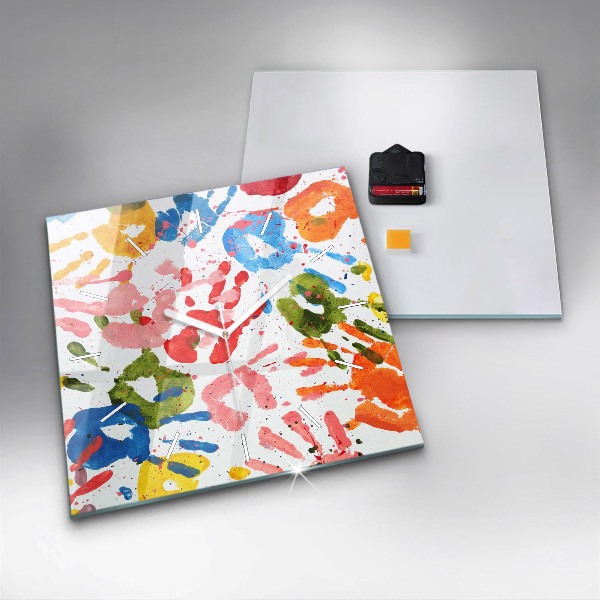 Square glass wall clock Children's handprints
