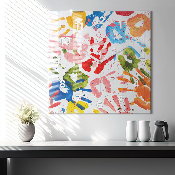 Square glass wall clock Children's handprints