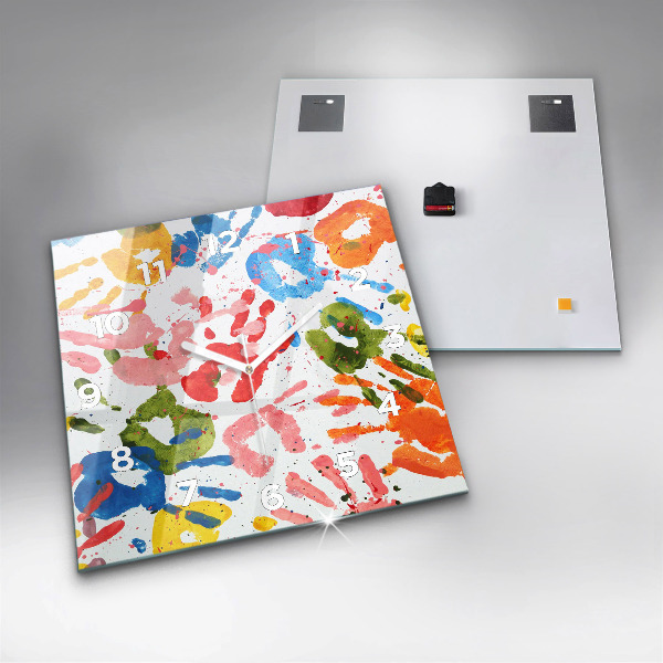 Square glass wall clock Children's handprints
