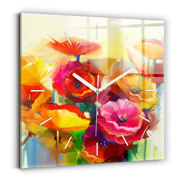 Square glass wall clock Colorful poppies
