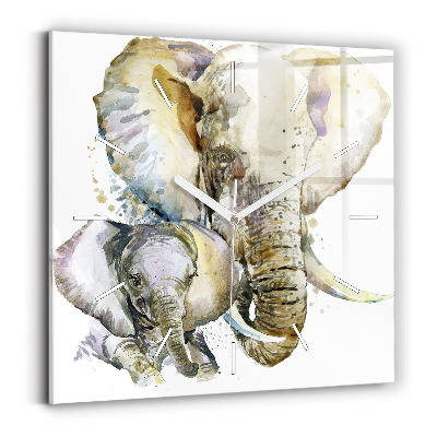 Square glass wall clock Painted animals elephants