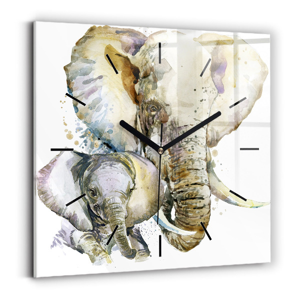 Square glass wall clock Painted animals elephants