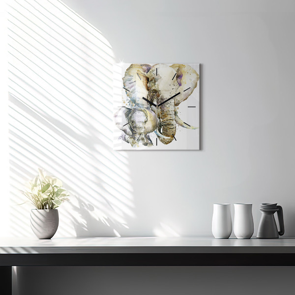Square glass wall clock Painted animals elephants