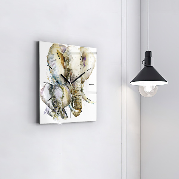 Square glass wall clock Painted animals elephants