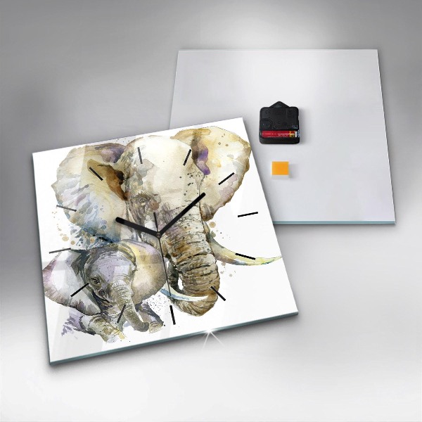 Square glass wall clock Painted animals elephants