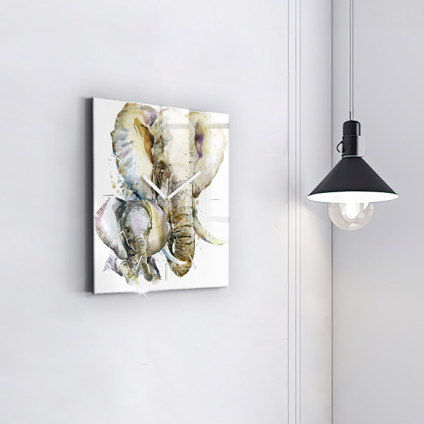 Square glass wall clock Painted animals elephants